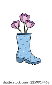 Vector pink spring tulips flowers in blue rubber rain boot. Cute seasonal spring floral illustration. Shoes as vase. Hand drawn design elements, clip art in doodle flat style, isolated.
