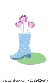 Vector pink spring tulips flowers in blue rubber rain boot. Cute seasonal spring floral illustration. Shoes as vase. Hand drawn design elements, clip art in flat style, isolated