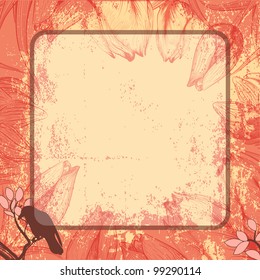 Vector pink square frame with tulips and crow