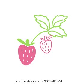Vektor-rosafarbene Erdbeere mit grünen Blättern im Doodle-Stil einzeln auf weißem Hintergrund. Dekoration für Kinder