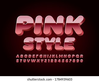 Tipo de letra brillante rosa vectorial, fuente metálica reflectante. Juego de letras y números modernos