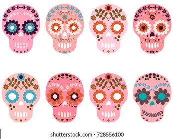 Vector pink sugar skulls with flowers and floral elements