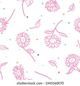 Vector Pink Sunflower Lineart with Colorful Confetti seamless pattern background. Perfect for fabric, scrapbooking and wallpaper projects.