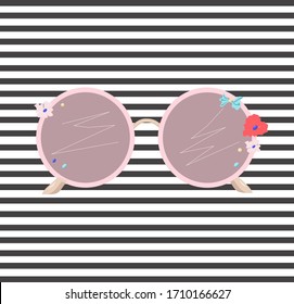 Vector pink sunglasses designed with flowers and little rocks. Stipes background, print