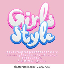 Vector pink sweet banner Girls style. Set of soft Alphabet letters, Numbers and Symbols. 