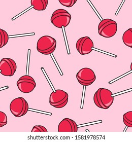 Vector pink sweet lollipops seamless pattern isometric retro comics pop style on pink background