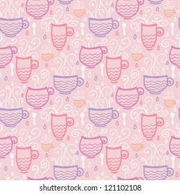 Vector pink tea cups seamless pattern background with hand drawn elements.