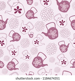 Vector Pink Teapots Garden Tea Party Seamless Pattern Background. Perfect for wallpaper, fabric and scrapbooking projects.
