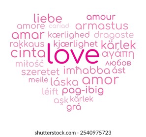 Texto rosa vetorial na forma de um coração, a palavra "amor" está escrita em muitas línguas. O significado universal do amor. isolado no fundo branco