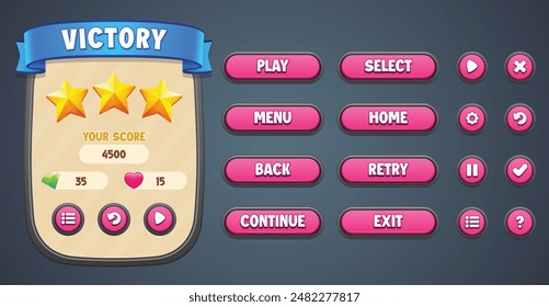 Vector pink theme premium game UI kit. Set of victory menu scene pop up, icons, and buttons with editable text effect. Game UI kit in cartoon style.