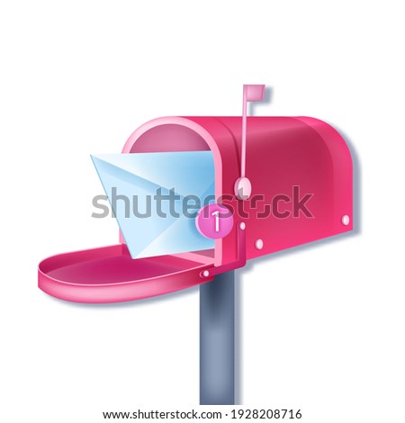 Vector pink traditional mailbox email notification, new letter concept isolated on white, closed envelope. Post delivery 3D illustration, alert, number one. Message notification in internet mailbox