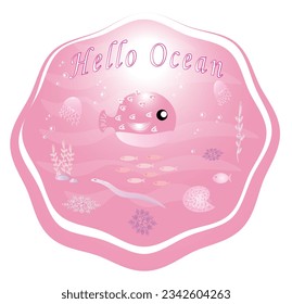 Fondo de moda rosa vectorial con cangrejo, pescado, almejas y la inscripción - hola océano. Gráficos vectores.Estilo Barbie EPS10