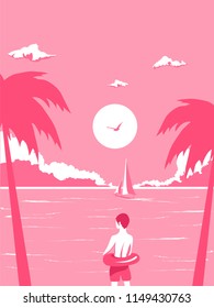 vector pink tropical beach poster with boy in swimming ring