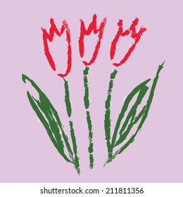 vector pink tulip child's drawing hands on a pink background