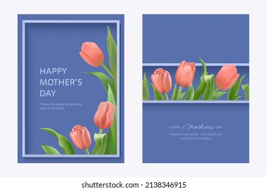 Vector pink tulip flower bouquet on a blue backdrop with frame. Spring stylish postcard, poster, banner template set, collection for Mother's Day