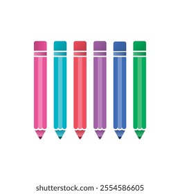 vector pink, turquoise, purple, blue, green pencil, six color pencil set. colored pencils for the world of education