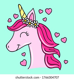 VECTOR OF A PINK UNICORN WITH DAISIES FLOWER ON TOP OF THE HEAD AND HEARTS, SLOGAN PRINT