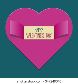 vector pink valentine heart on very dark cyan background, valentines day illustration with text Happy Valentines Day, valentines greeting card