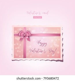 Vector pink valentine's card with bow, ribbon and Happy Valentine's Day text. Realistic vintage Valentine.