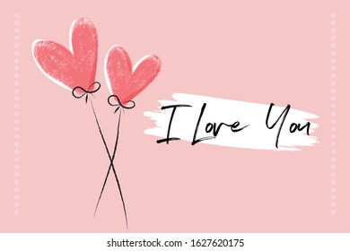 Vector Pink Valentine's Day Greeting Card Pastel colors with cute hearts. I love you Typography (Lettering).