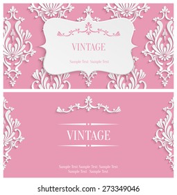 Vector Pink Vintage Background with 3d Floral Damask Pattern Template for Greeting or Invitation Card Design in Paper Cut Style