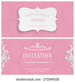 Vector Pink Vintage Background with 3d Floral Damask Pattern for Greeting or Invitation Card Design in Paper Cut Style