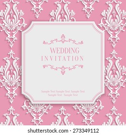 Vector Pink Vintage Background with 3d Floral Damask Pattern for Greeting or Invitation Card Design in Paper Cut Style