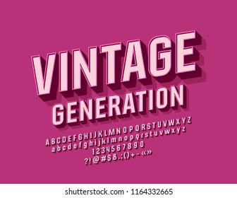 Vector pink Vintage Generation Font. Retro Style Alphabet Letters, Numbers and Symbols