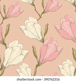 Vector Pink Vintage Magnolia Flowers Fabric Retro Repeating Seamless Pattern Hand Drawn In Botanical Style. Perfect For Fabric, Wallpaper, Packaging, Backgrounds, Greeting Cards.