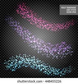 Vector pink violet blue glitter wave abstract illustration. Colorful star dust trail sparkling particles isolated on transparent background. Magic concept