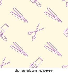 vector pink violet outline design hairdryer iron hairdresser scissors seamless decoration pattern isolated light background 