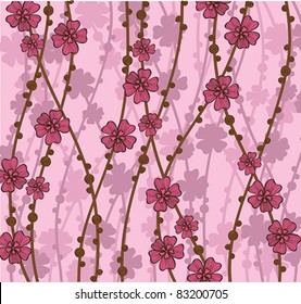 Vector pink wallpaper with beautiful abstract japanese flowers
