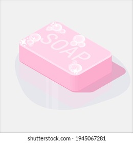 Vector pink wash toilet hand soap bar with bubbles, shine and reflection. Cleanliness and health concept. Isometric 3d icon illustration.
