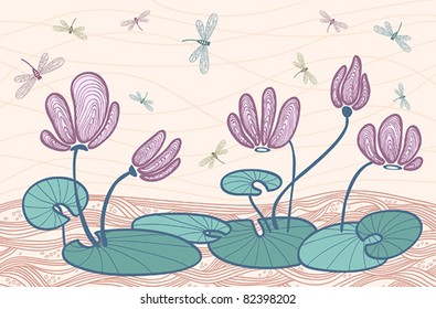 Vector pink  water flowers and colored dragonfly on a beige background