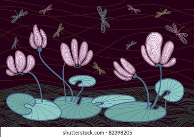 Vector pink water flowers and colored dragonfly on a dark background