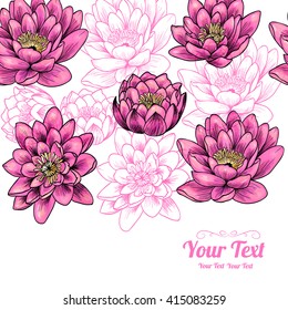 Vector pink water lily flowers horizontal frame pattern background . Invitation or greeting card design.Vector illustration
