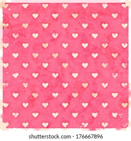 Vector pink watercolor background with hearts pattern