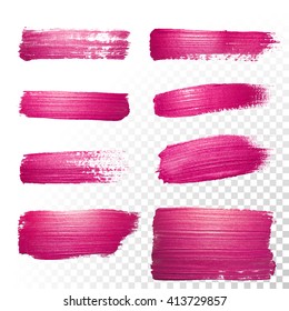 Vector Pink Watercolor Brush Stroke Set. Abstract Polish Splash Trace Shape. Red Purple Oil Paint Smear Line On Transparent Background