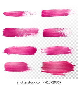 Vector pink watercolor brush stroke set. Abstract polish splash trace shape. Red purple oil paint smear line on transparent background