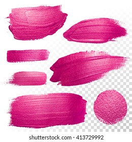 Vector pink watercolor brush stroke set. Abstract polish splash trace shape. Red purple oil paint smear line on transparent background