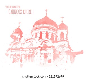 Vector pink watercolor Saint Basil's cathedral, Moscow, Russia