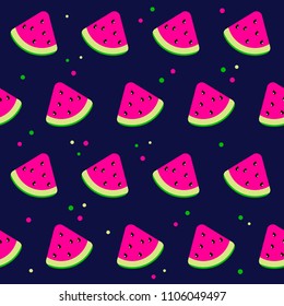 Vector pink watermelon  with black seeds seamless pattern  on dark blue background.