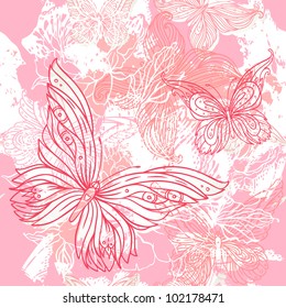 Vector pink wedding butterfly grunge seamless pattern. Hand drawn  illustration.