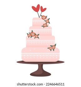 Vector pink wedding cake icon with hearts and flowers flat style isolated on white background.