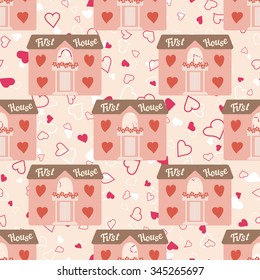 Vector pink wedding seamless pattern with house for newlyweds with windows hearts. Element for your wedding designs, valentines day projects, and other your romantic projects.