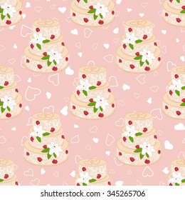 Vector pink wedding seamless pattern with cake with two hearts on top and cream red roses and white lilies. Element for your wedding designs, valentines day projects, and other your romantic projects.