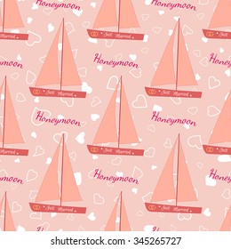 Vector pink wedding seamless pattern with sailing yacht. Element for your wedding designs, valentines day projects, and other your romantic projects.