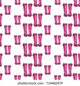 Vector pink wellies illustration. Seamless pattern in watercolor style. Background for decoration seasonal celebration, fabrics, textile, greeting card and web banner.