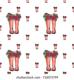 Vector pink wellies with roses flowers illustration. Seamless pattern in watercolor style. Background for decoration seasonal celebration, fabrics, textile, greeting card and web banner.