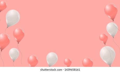 Vector pink and white helium balloons on pink background. Flying latex 3d ballons. 